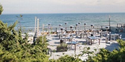 The East Deck at Gurney's Montauk, New York. It shows a beach with a series of tables. For Marina meetings.