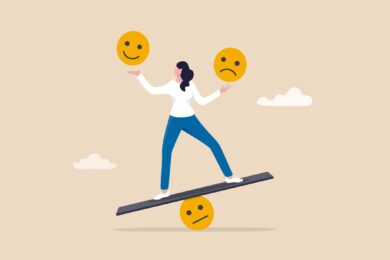 A vector illustration of a woman balancing emojis representing different emotions.