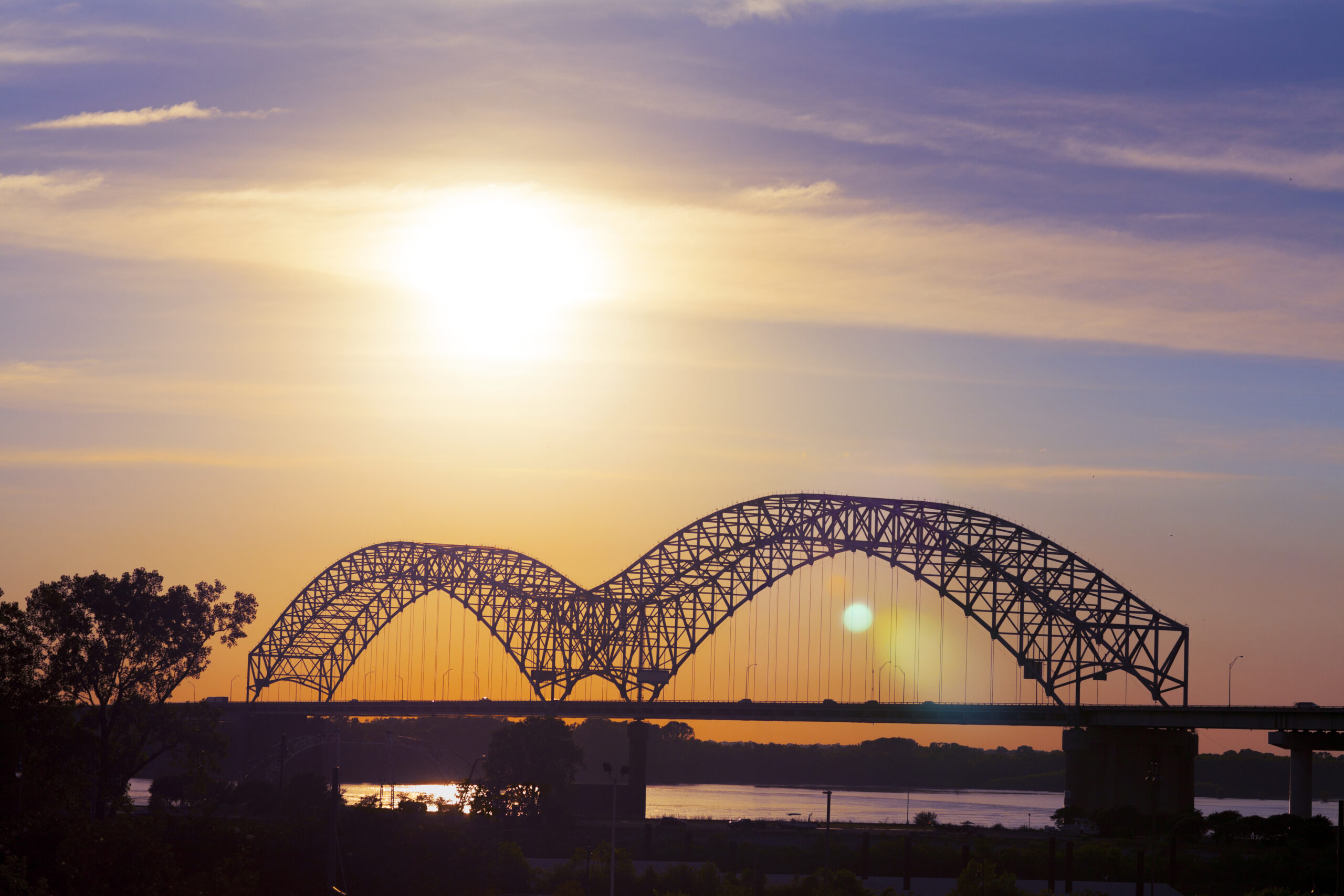 view of Mississippi River and Hernando de Soto Interstate 40 Bridge in memphis, tennessee