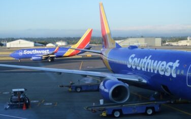 Southwest airlines passenger planes at terminal at Portland International Airport