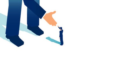 illustration of small man reaching to shake hands with giant man