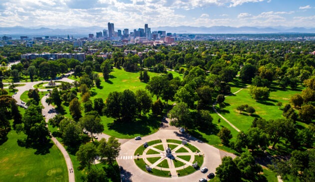 aerial view of Denver skyline from City Park