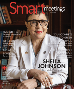 Cover of Smart Meetings January Magazine featuring Sheila Johnson in white jacket in library