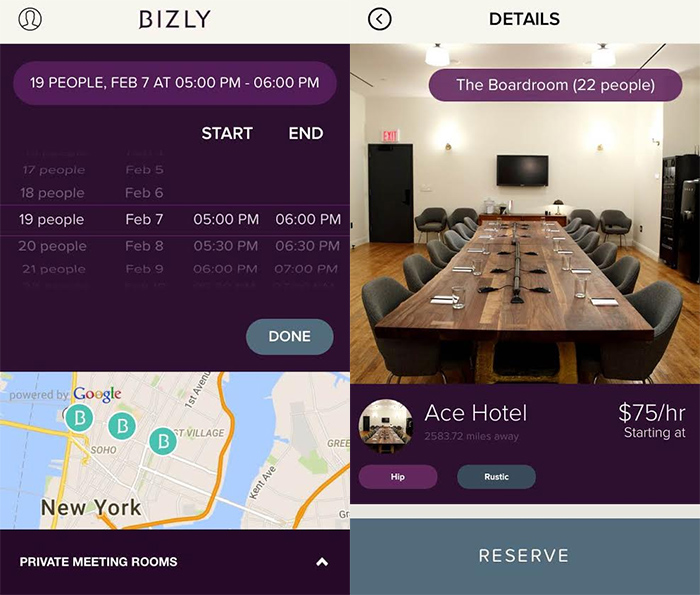 These screengrabs taken from the Bizly app show how to book a room.