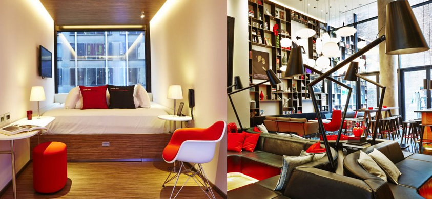 Guest room at citizenM New York (left) Hotel lobby, designed to look like a living room (right)