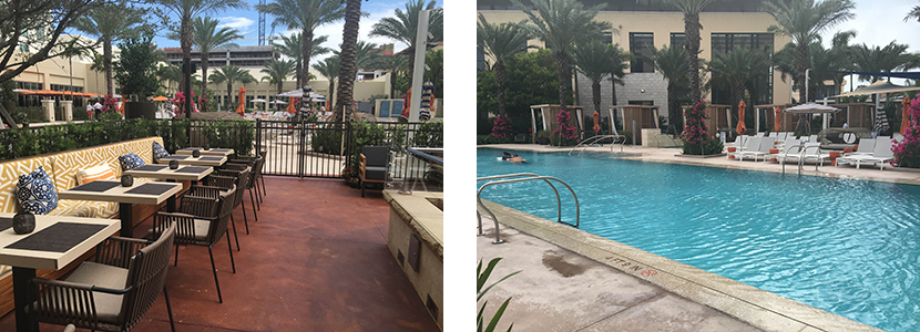 One of two outdoor dining options (left) and the infinity pool (right)