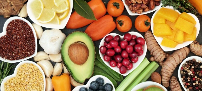 Various healthy produce, grains and nuts from above