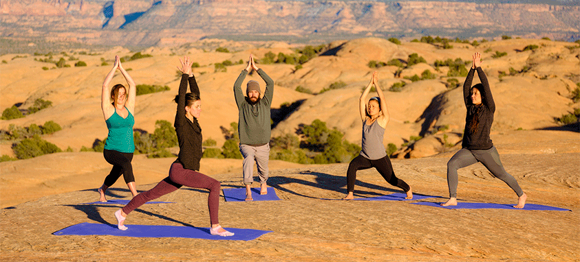 A group of people doing yoga in the desert
