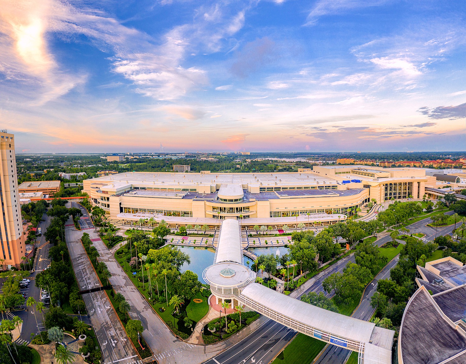 An aerial view of a resort in Orlando at sunrise