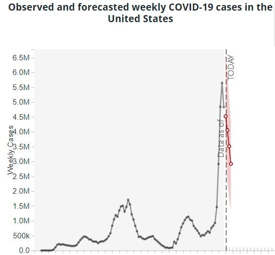 A chart of "observed and forecasted weekly Covid-19 cases in the United States. There is a sharp decline after a rapid increase