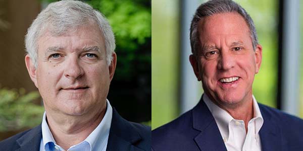 Two portraits of Steve Maritz and David Peckinpaugh. Maritz is an older white man with combed white hair. Peckinpaugh is a white man with combed greying hair 