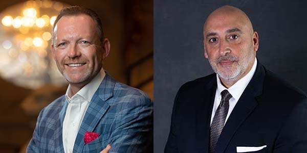 Two portraits of Martin Wormull and John Stack. Wormull is a white man with short brown hair and a stubbled beard. Stack is a bald brown man with a white stubbled beard