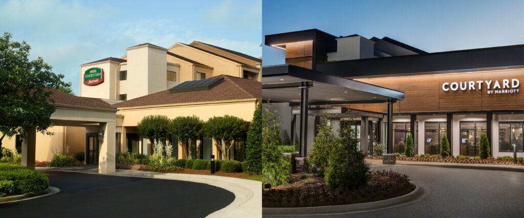 A before and after picture of the front of a Courtyard by Marriott location