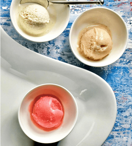 A display of three ice cream scoops from Cal-a-Vie Health Spa