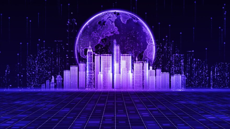 A 3D render of a purple cityscape against a black background