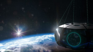 A 3D render of a hypothetical space pod floating above Earth