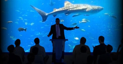 A man holds a business meeting in front of a tank at the Connecticut Aquarium.