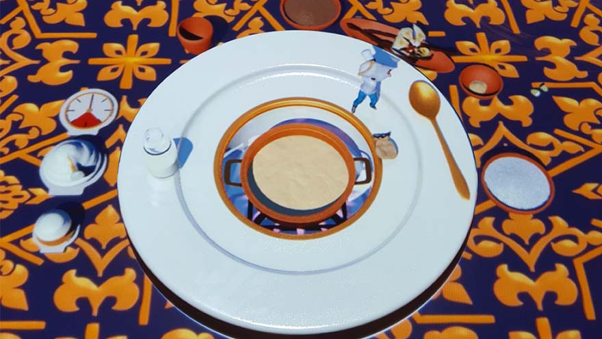 A 3D render of a plate with a bowl of food. A tiny person is standing next to the bowl