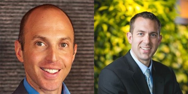 Two portraits of Michael Berk and Brian Ciemnicki. Berk is a balding white man, and Ciemnicki is a white man in a black suit