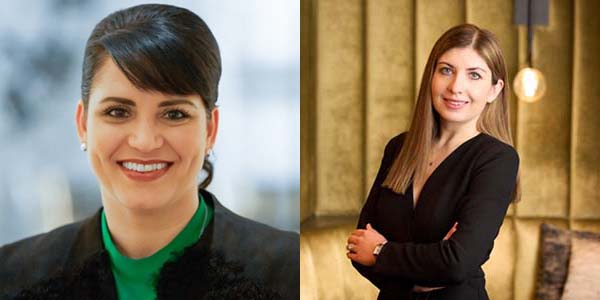 Two portraits of Katharine Degoma and Anna Jaszczyk. Degoma is a brown woman with dark hair tied up and a black jacket. Jaszczyk is a white woman with straight blonde hair and a black blouse