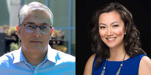 Two portraits of Jimmy Sarfraz and Catherine Hendricks. Sarfraz is a brown man with white hair and a blue collared shirt. Hendricks is an Asian woman with wavy black hair and a blue blouse