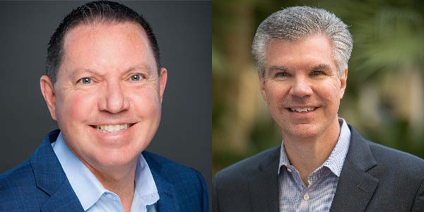 Two portraits of Jeff Smith and Gus Tejeda. Smith is a white man with combed black hair and a blue suit. Tejeda is a white man with greying combed hair and a grey suit