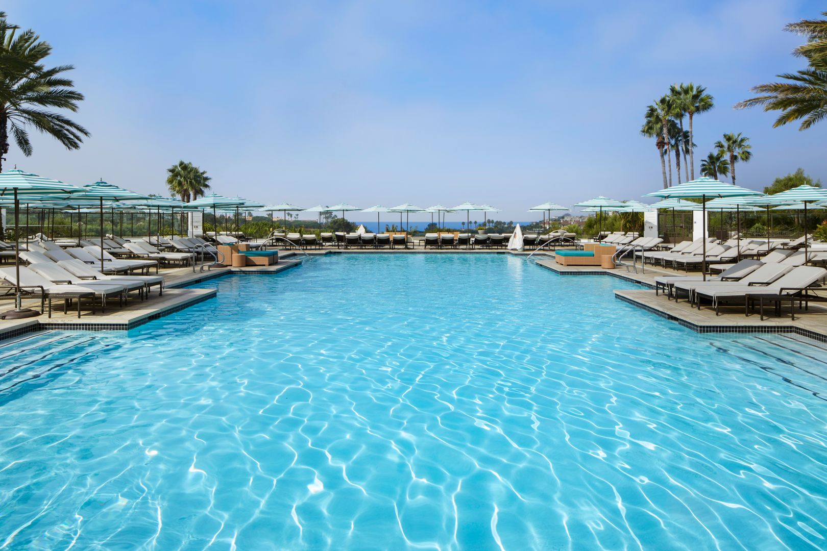 The pool at Waldorf Astoria Monarch Beach Resort. It is surrounded by white lounge chairs and blue umbrellas. Spring is the perfect time for whale watching nearby