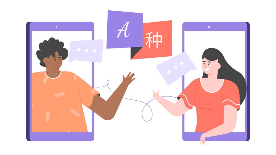 A vector illustration of two people talking in different languages
