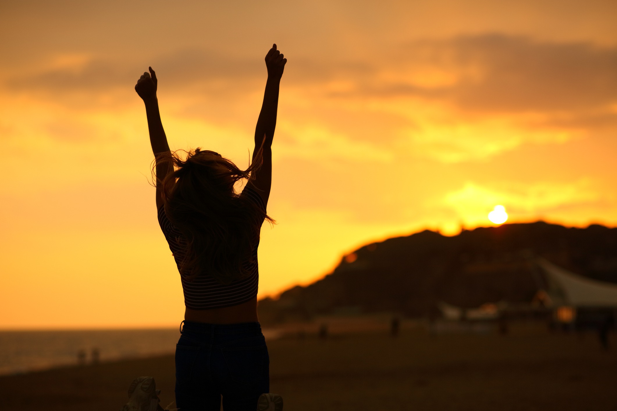 A silhouette of a person raising their fists at sunset