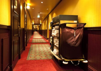 A room service cart in a hotel hallway