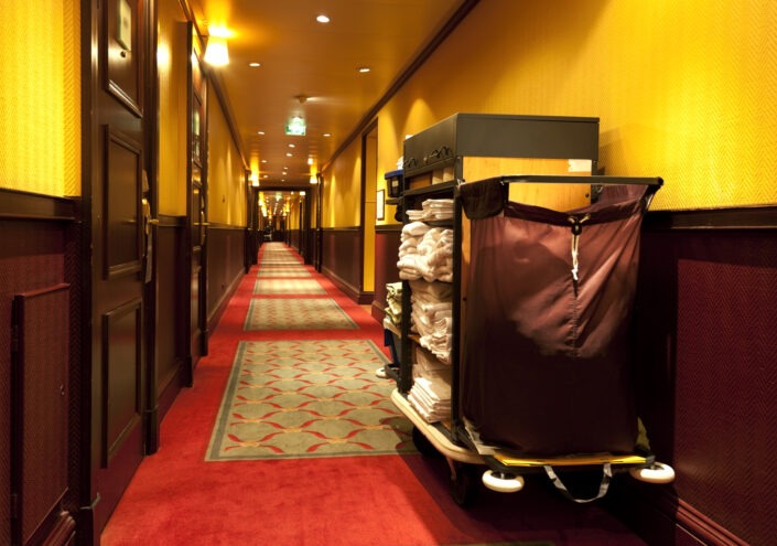 A room service cart in a hotel hallway
