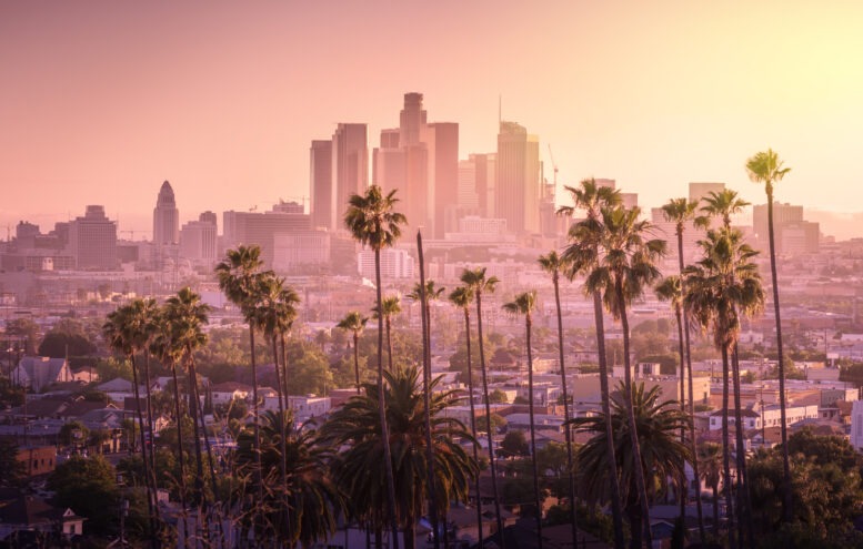 The Los Angeles skyline at sunrise