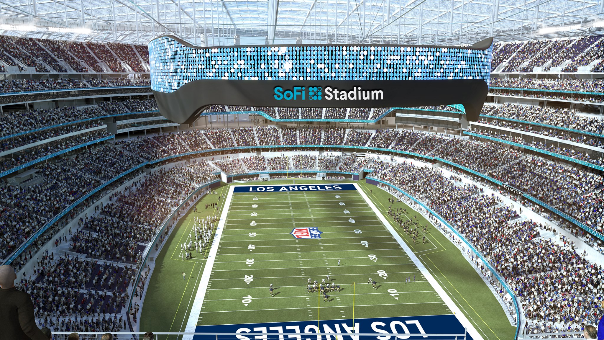 A render of the new SoFi Stadium in Inglewood. It is full of people, and a football game is playing on the field