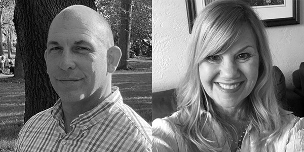 Two black and white portraits of Michael Codianne and Laura Radford. Codianne is a bald white man with a plaid collared shirt, and Radford is a white woman with light wavy hair.