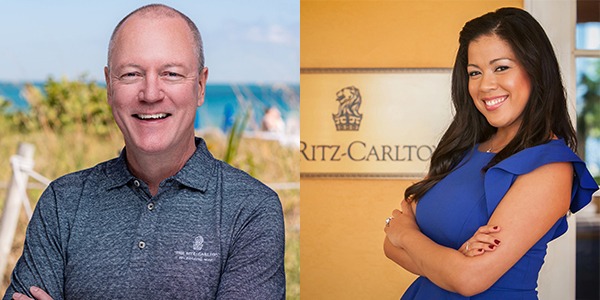 Two portraits of Derek Flint and Tatiana Lora. Flint is a bald white man with a gray collared shirt, and Lora is a brown woman with long black hair and a blue dress.