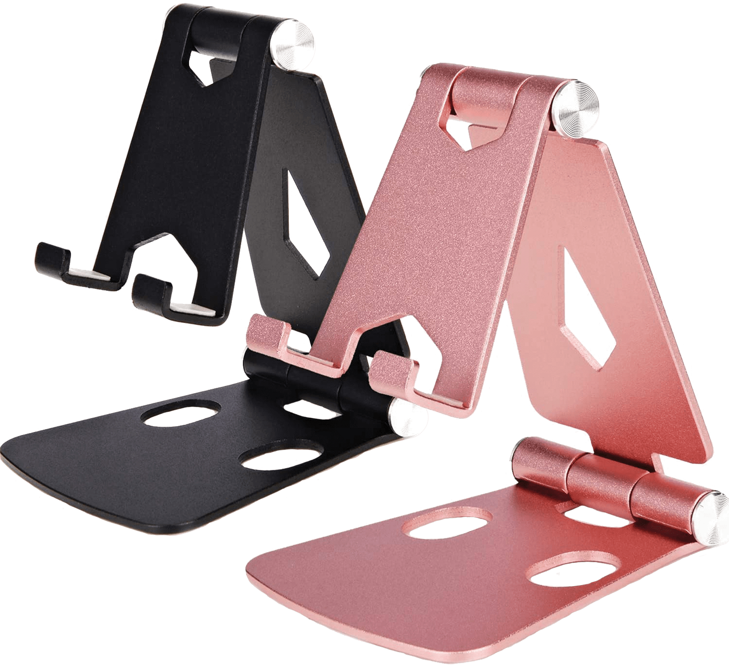 A pair of pink and black metal phone stands