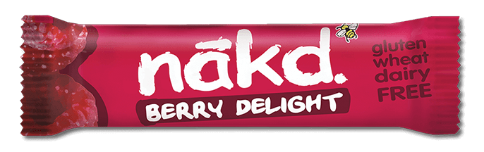 A Nakd-brand energy bar in berry delight flavor. It has reddish-pink packaging and is gluten, wheat and dairy-free