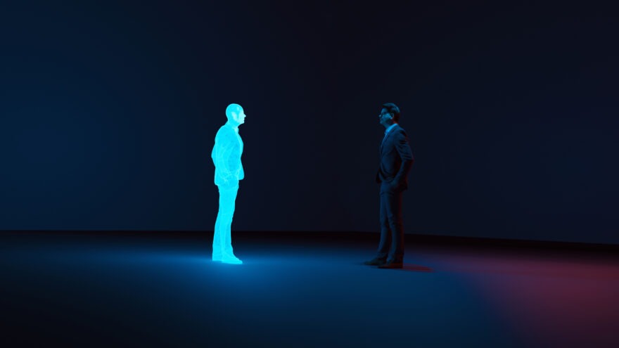 A man staring at a hologram in a 3D rendered dark room.