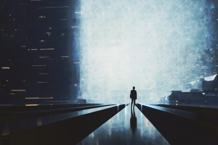 A 3D image of a woman walking in a city at night.