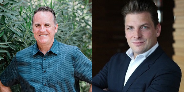 Two portraits of Lance Marrin and Vincent De Croock, the new general manager and director of sales for Hyatt Regency Scottsdale Resort & Spa at Gainey Ranch. They are both white men, one in a blue collared shirt and the other in a black suit.