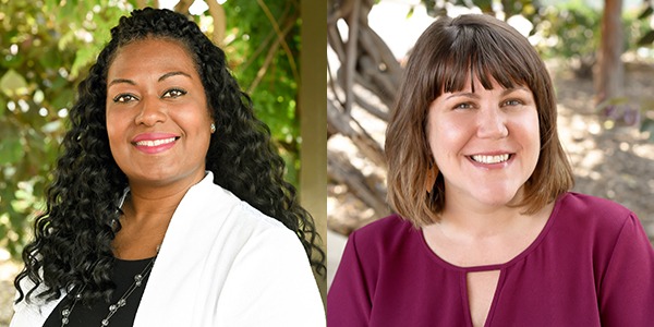 Two portraits of Saundra Briggs Robertson and Destiny Monyhan. Robertson is a black woman with long curly hair and a white cardigan, and Monyhan is a white woman with shoulder-length brown hair and a magenta blouse.