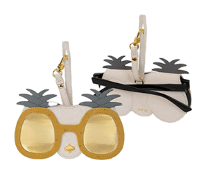 Two party masks that also function as sunglases. The lenses are yellow and shaped like pineapples