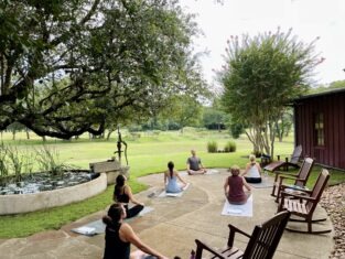 A group of women doing yoga in a park at the Wildflower Spa.