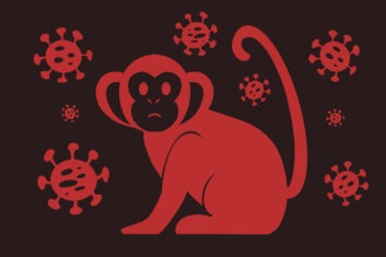 A graphic of a monkey surrounded by viruses.