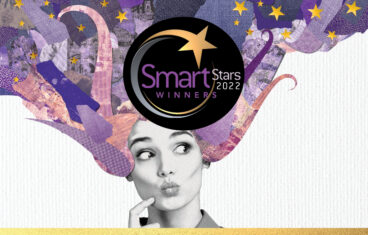 The cover image for Smart Stars 2022. A black and white woman's face is looking contemplative as her purple graphic hair flows upward
