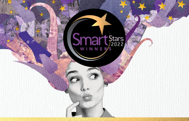 The cover image for Smart Stars 2022. A black and white woman's face is looking contemplative as her purple graphic hair flows upward