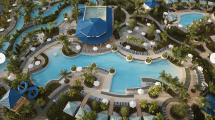 An aerial view of Hilton Orlando, a tropical option for corporate retreats.
