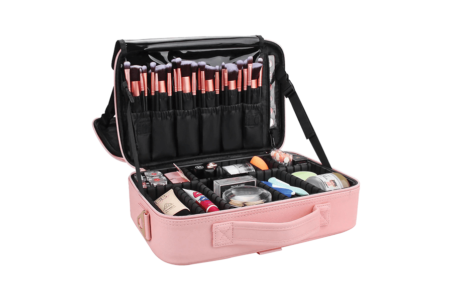 A pink Relavel travel makeup bag filled with dozens of brushes and products.