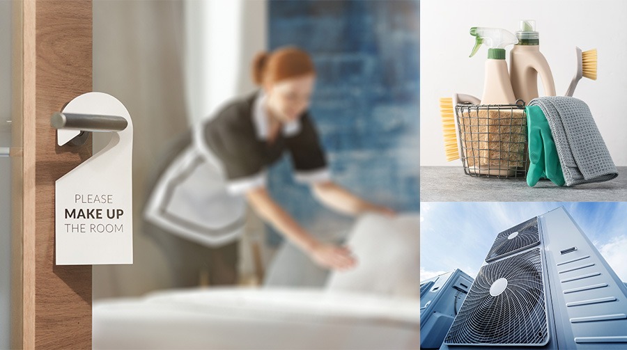 Three images in a collage. LEFT: A housekeeper straightening out a pillow in a room, with the hotel room door in the foreground with a sign reading, "Please Make Up The Room." RIGHT TOP: A bundle of unbranded cleaning supplies. RIGHT BOTTOM: A large industrial fan from a low angle.