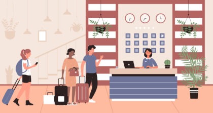 A vector illustration of people checking into a hotel. Marriott's diversity initiative will encourage more people to get involved in hotel ownership.